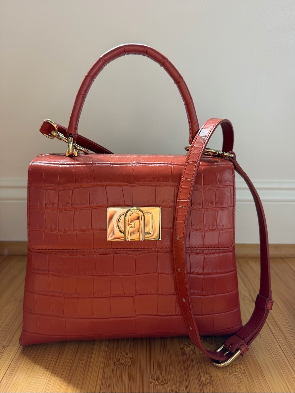 Furla 1927 Croc-Embossed Top Handle Crossbody in Coral